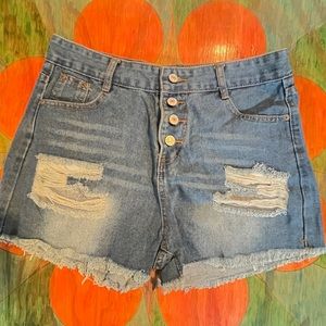 Button Fly Cut Off Distressed Blue Jean Shorts, Size 31  NO STRETCH